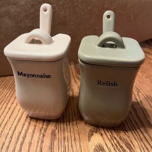 Longaberger Ceramic Condiment Set Mayonnaise and Relish, Spoons And Lids